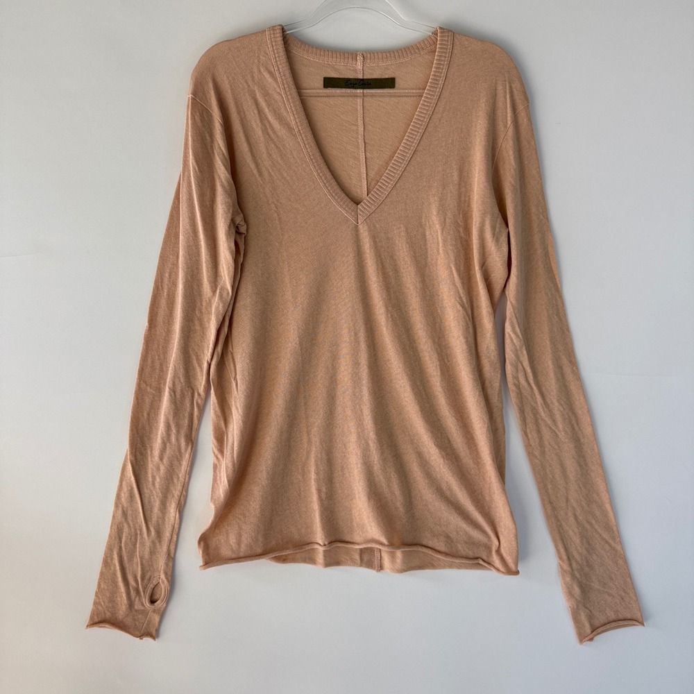 Enza Costa V-Neck Top Women L Peach Cotton Cashmere Thumbhole CJ1644